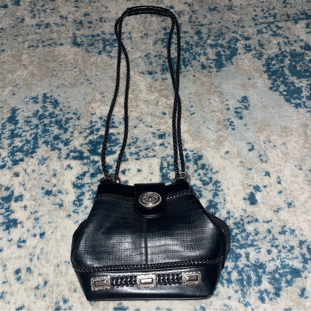 Vintage Black Croc-Embossed Shoulder Bag